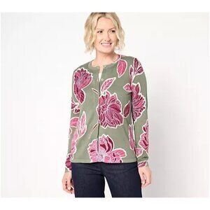 Susan Graver Printed Button Front Sweater Sage Leaf Floral 4X A656895 NEW